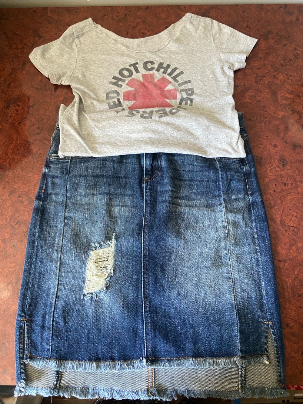 Kut from the Kloth Blue Distressed Denim Midi Skirt